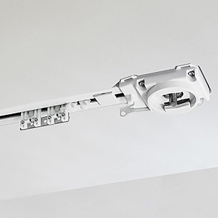 TrackTrim motor end set recessed flush in a ceiling, ready for the motorized drapery track