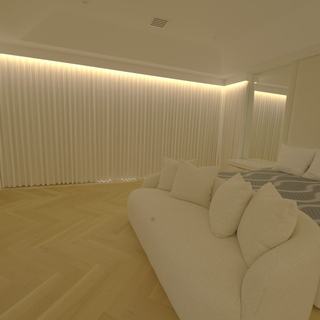 Kravet Smart ripplefold drapery closed under a custom wood valance in a Boca Raton master bedroom