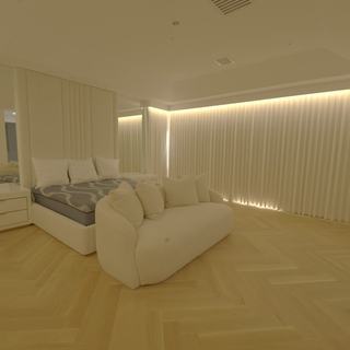 Boca Raton master bedroom at night with the ripplefold drapery closed all the way around under the custom valance