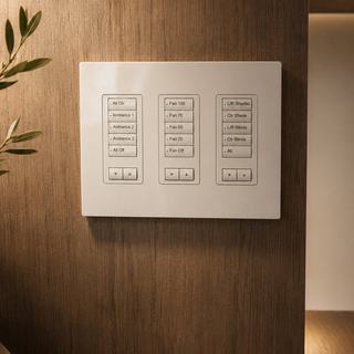 Lutron keypad with one-touch wired shade control in a Turks and Caicos villa