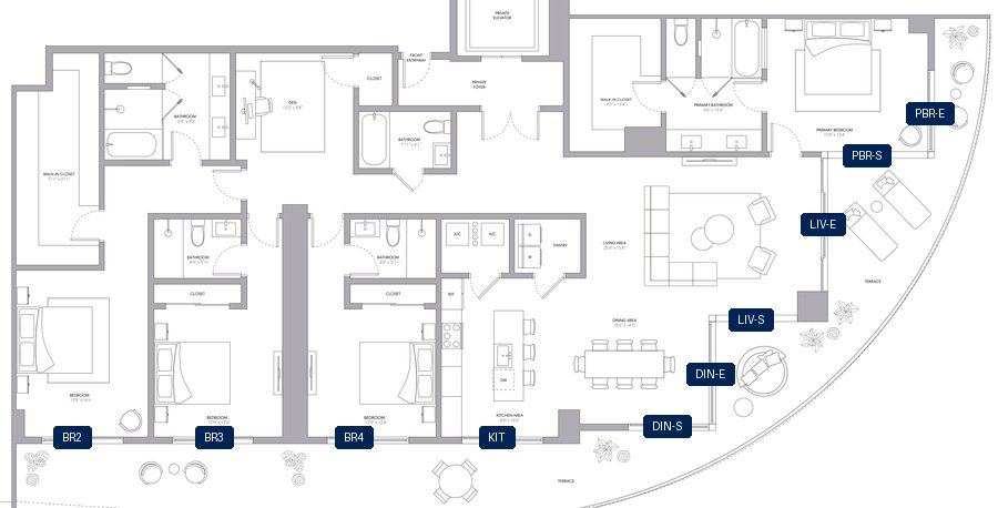 Shade plan for ONE Park Tower Penthouse 01, 11 tagged glazed openings