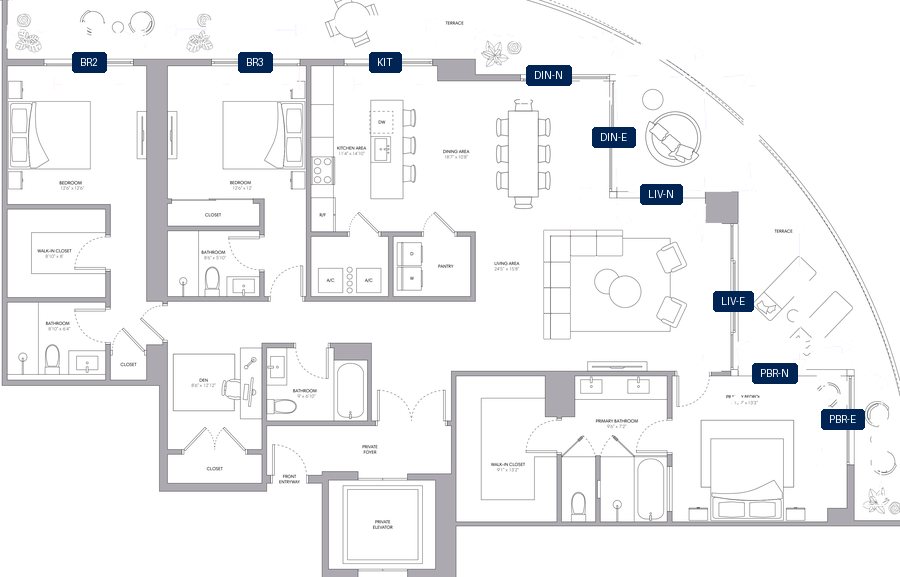 Shade plan for ONE Park Tower Penthouse 11, 10 tagged glazed openings