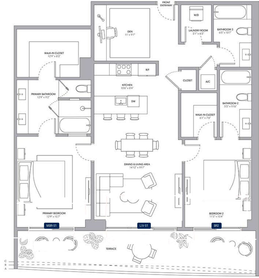 Shade plan for ONE Park Tower Residence 02, 3 tagged glazed openings