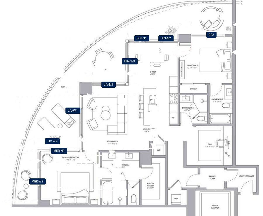 Shade plan for ONE Park Tower Residence 06, 9 tagged glazed openings