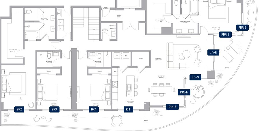 Shade plan for ONE Park Tower Upper Penthouse 01, 11 tagged glazed openings