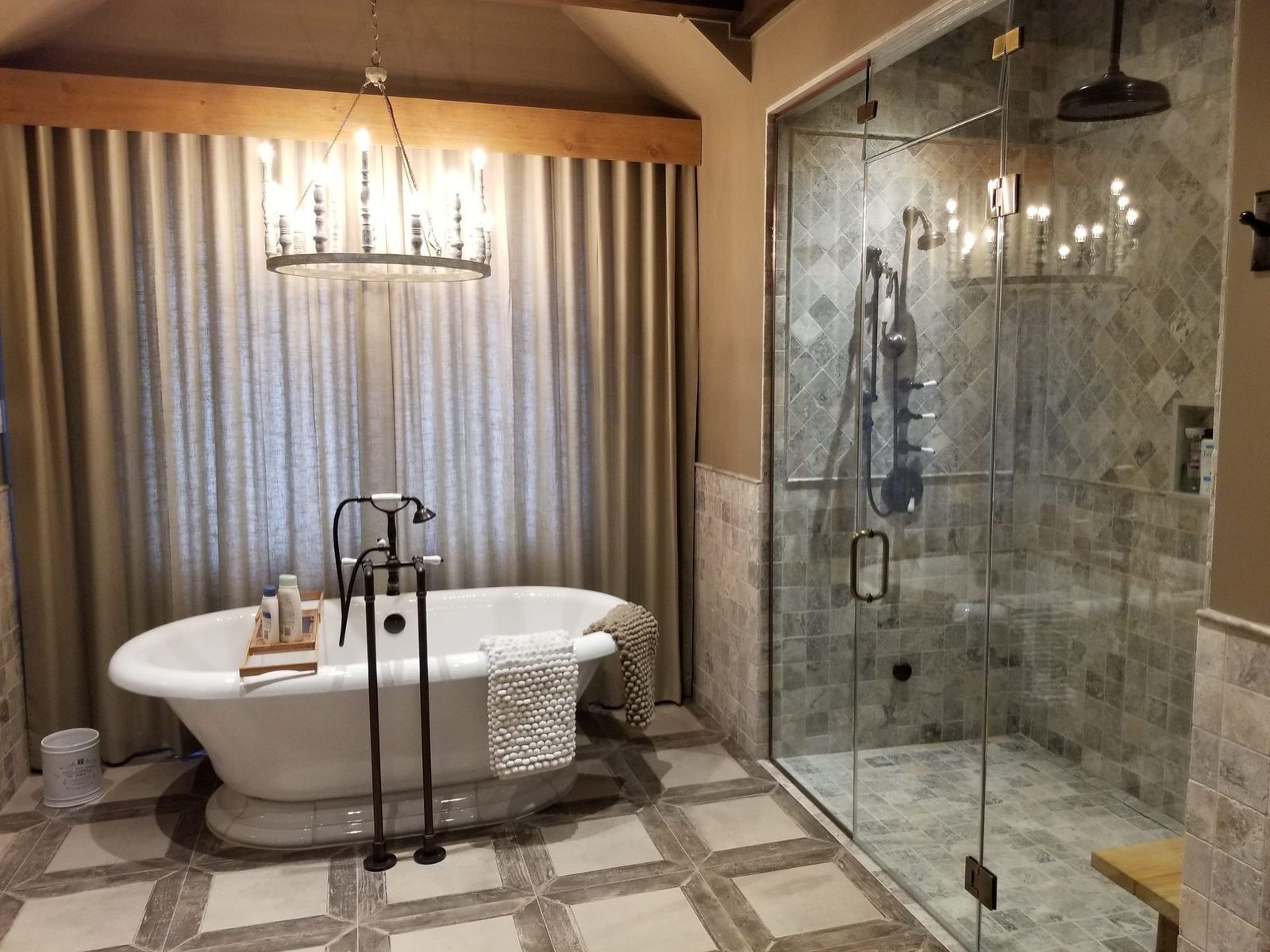 Fabric window treatment detail in a Florida bath