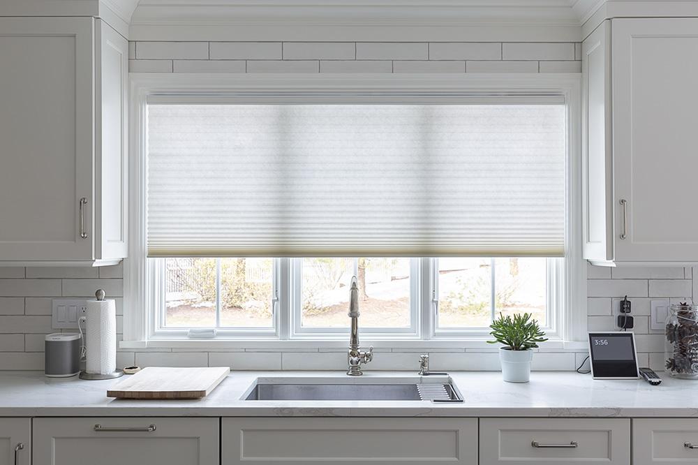 Translucent skylight shade fabric glowing overhead