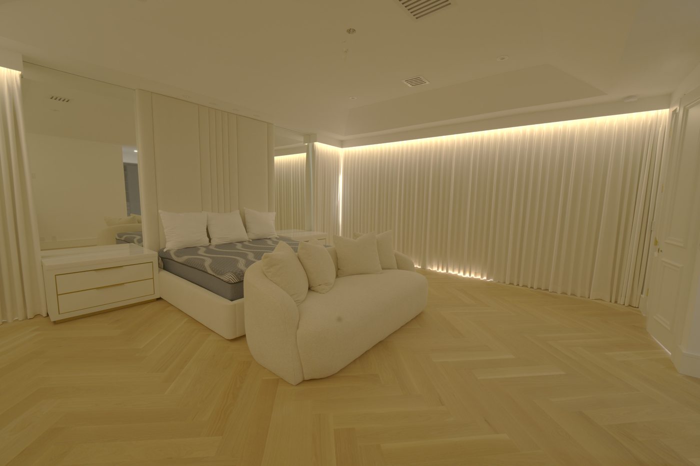 Master bedroom with the ripplefold drapery closed all the way around under the valance