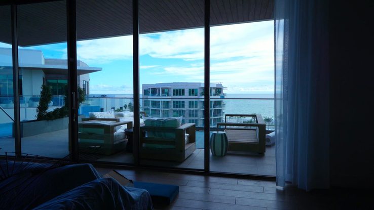 Kitchen at blue hour with the marina beyond