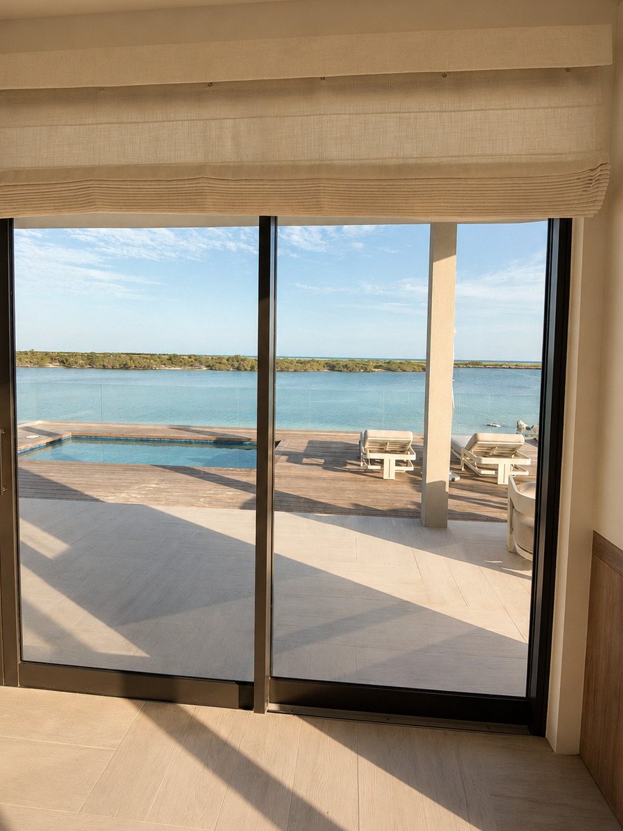 Lutron blackout shade on a floor-to-ceiling slider with pool view