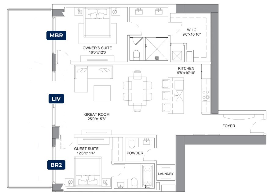 Shade plan for the Selene Brandeis residence, South Tower, 4 tagged glazed openings
