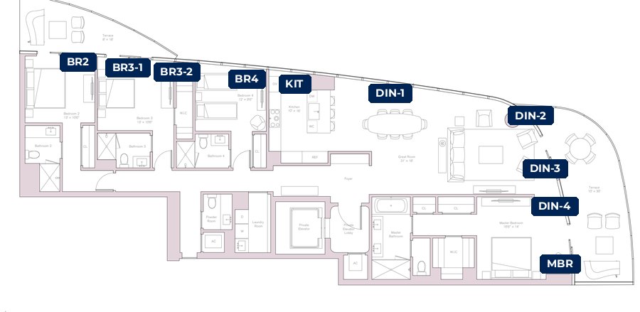 Shade plan for the Una North East Residence, 01 line, 10 tagged glazed openings