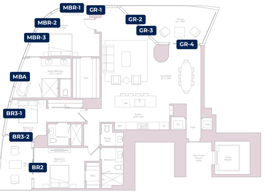 Shade plan for the Una North West Residence, 04 line, 11 tagged glazed openings