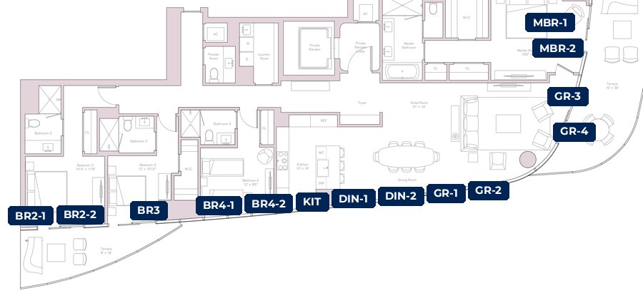 Shade plan for the Una South East Residence, 02 line, 14 tagged glazed openings