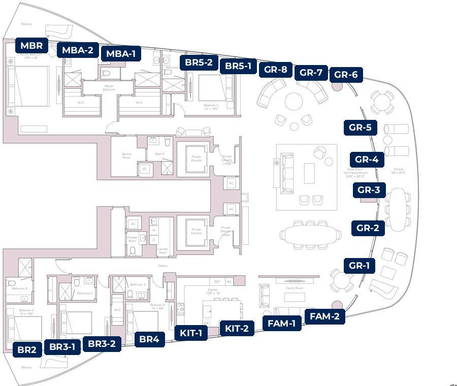 Shade plan for the Una Vista Residence, 01 line, 21 tagged glazed openings